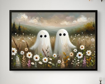 Ghost Flower Field Poster, Spooky Cute Halloween Wall Art, Gothic Rustic Meadow Landscape Print, Ghost Decor for Living Room