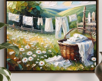Laundry Art, Farmhouse Laundry Room Decor, Vintage Country Landscape Wall Art, Cottage Core Art - Vintage Laundry Room, Laundry Basket Art