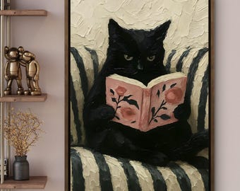 Cozy Cat Reading Wall Art, Funny Cat Lover Gift, Cute Black Cat Oil Painting Print, Whimsical Book Lover Decor for Living Room