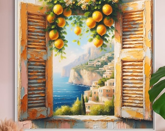 Mediterranean Window View Art, Coastal Orange Tree Framed Poster, Amalfi Coast Decor, Italian Seaside Landscape, Open Window Scene
