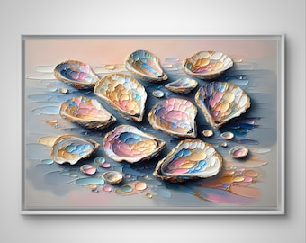 Oyster Shell Art, Abstract Coastal Beach House Kitchen Art Print, Summer Dining Room Decor, Oyster Art, Colorful Pastel