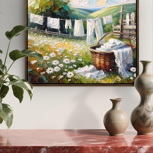 Farmhouse Laundry Art Framed Poster - Vintage Country Landscape Wall Art - Cottage Core Art - Vintage Laundry Room Art - Laundry Basket Art