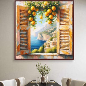 Mediterranean Window View Art, Coastal Orange Tree Framed Poster, Amalfi Coast Decor, Italian Seaside Landscape, Open Window Scene