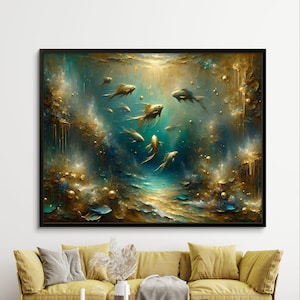 Framed Abstract Ocean Fish Poster, Coastal Wall Art, Blue Sea Acrylic Style, Fish Art, Fisherman Gift, Lakehouse Decor, Sealife Wall Art