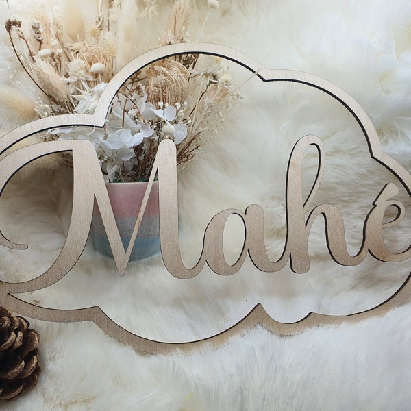 Baby wall decoration - Wooden first name sign - Wooden cloud - Customizable birth