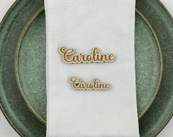 Personalized wooden wedding place cards, cut-out name holder for guests