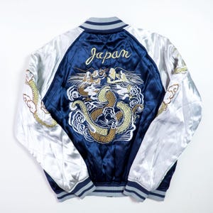 HOUSTON Vintage Sukajan Jacket M Navy Silver Dragon Tiger Eagle Japan Embroidered Padded Yokosuka Souvenir Bomber