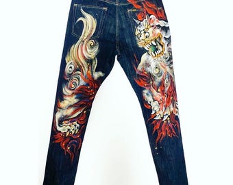 Vintage ZEN Premium Japanese Oni Shishi Hand Painted Art Denim Jeans | Made in Japan | Buddhist Guardian Yokai Streetwear