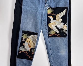 Vintage Bobson Phoenix Embroidered Japanese Denim Jeans | Upcycled Kimono Art Pants | Japanese Streetwear | Wagara Boro Inspired XL