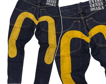 Rare Amekaji Y2K EVISU Genes Osaka Jeans W33 x 35 in Yellow Daicock Kanji Smiley Tapered Carrot Skinny Japanese Denim