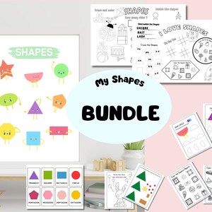 Bundel met basisvormen, kleurplaten voor kinderen, activiteitenpagina's, activiteitenplacemat, kaarten en poster voor kleuters, direct downloaden