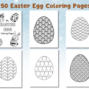 以下が含まれることがあります： 白黒のイースターエッグの塗り絵50ページセット。各ページには、幾何学模様、ハート、鱗など、さまざまなデザインが施されています。子供たちが色を塗ってイースターを祝うのに最適です。