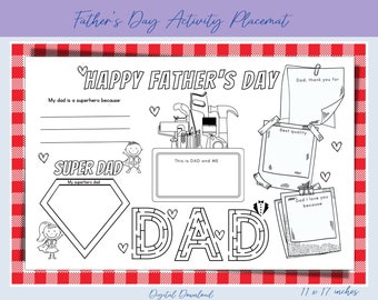 Fathers Day Printable Placemat 17 x 11 inches | Printable Placemat Fathers Day | Activity Placemat Fathers Day | Digital Download