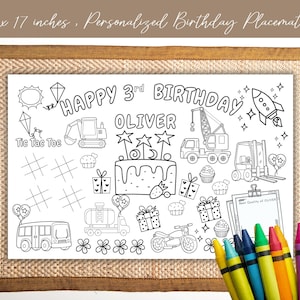 Personalized Birthday Party Placemat for kids Transport Birthday Party  | Printable Birthday party Placemat | Coloring and Activity placemat
