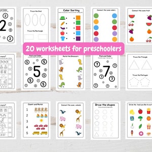 May include: A set of 20 black and white printable worksheets for preschoolers. The worksheets feature activities such as counting, matching, tracing, and coloring. The worksheets are designed to help preschoolers develop their fine motor skills, problem-solving skills, and pre-reading skills.