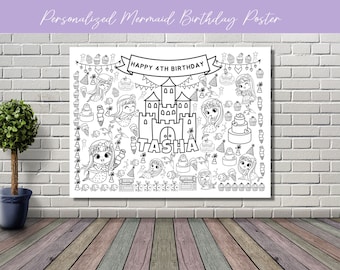 Personalized Mermaid Birthday Coloring Poster: Giant Activity Banner (Digital Download)