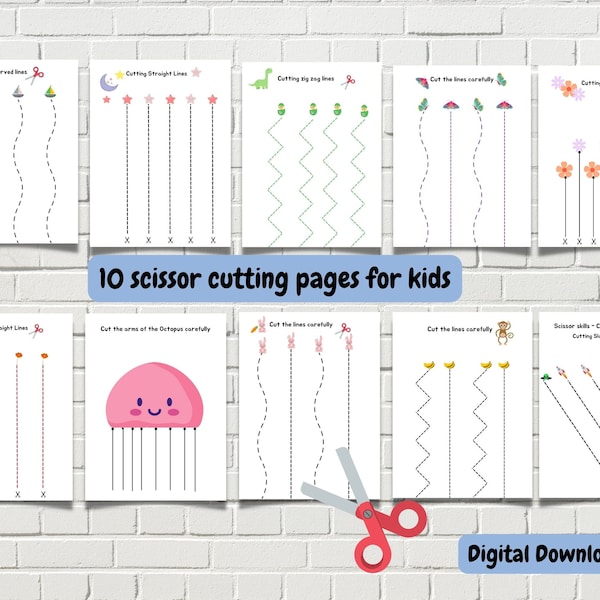 10 Schaarvaardigheden knippen werkbladen voor kinderen | Schaarvaardigheden knippen voor kleuters | Oefenbladen voor het scharen knippen voor kinderen