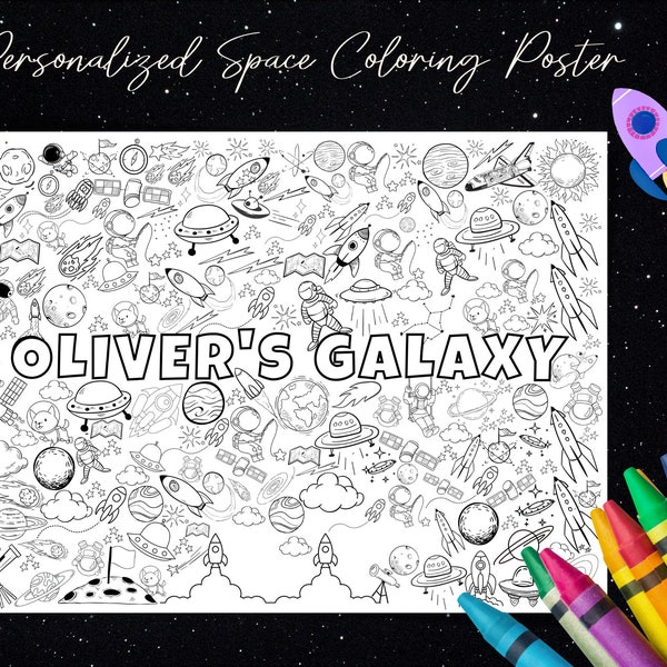 Affiche personnalisée de coloriage de l'espace | Poster géant à colorier pour enfants | Affiche d'espace de nom personnalisé | Jeu de coloriage d'activité | Mur de bannière