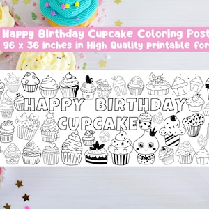 Cupcakes Geburtstag | Großes druckbares Geburtstagsposter zum Ausmalen | RIESEN-Tisch Mal Poster für Kinder | Cupcake Geburtstag Ausmalen