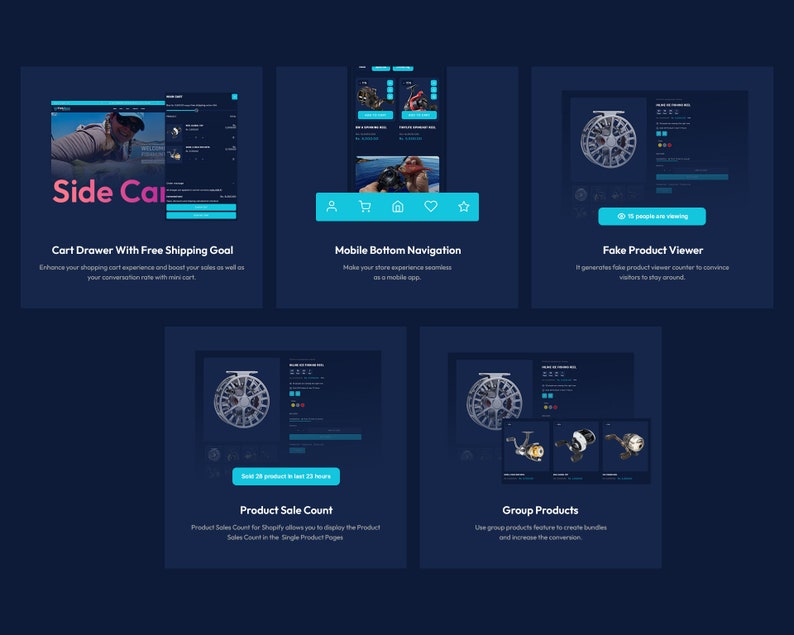 Product page layout for fishing gear Shopify store