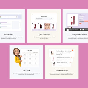 May include: A collage of images showcasing various e-commerce features, including powerful SEO, live search, sticky add to cart bar, size chart, and sale notifications. The images feature a cartoon character, a search bar, a product page, and a notification bar.
