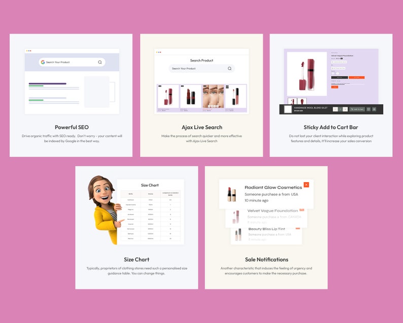May include: A collage of images showcasing various e-commerce features, including powerful SEO, live search, sticky add to cart bar, size chart, and sale notifications. The images feature a cartoon character, a search bar, a product page, and a notification bar.