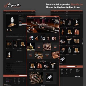 Op de afbeelding: Een website-homepage voor een sigarenwinkel genaamd Cigarrito Tobacco. De website heeft een donkere achtergrond met een raster van afbeeldingen die verschillende sigarenproducten tonen, waaronder sigaren, aanstekers, cutters en humidors. De website bevat ook een sectie voor veelgestelde vragen en een aanmeldformulier voor de nieuwsbrief.