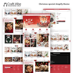 Könnte beinhalten: Ein Website-Design für einen Kopfhörer-Shop mit Weihnachtsthema. Die Seite zeigt verschiedene Kopfhörermodelle in verschiedenen Farben, mit einem rot-weißen Farbschema. Der Text enthält "Craft.Vibe HEADPHONE SHOP" und "Merry Christmas Event".