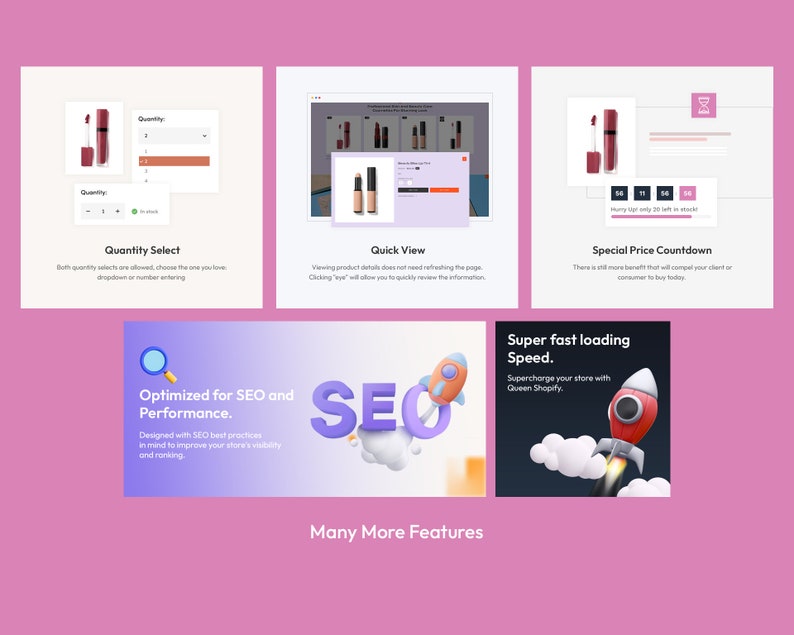 May include: A colorful illustration of a rocket launching into the sky with clouds. The text "Super fast loading Speed." and "Supercharge your store with Queen Shopify." is displayed on a dark blue background.