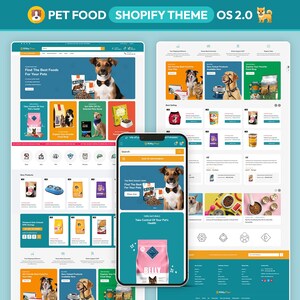 Könnte beinhalten: Ein Website-Design für einen Tierfutterladen, das verschiedene Produkte und eine mobilfreundliche Oberfläche präsentiert. Das Design verwendet ein türkis-weißes Farbschema mit Bildern von Hunden und Katzen. Der Text "PET FOOD SHOPIFY THEME OS 2.0" wird oben angezeigt.