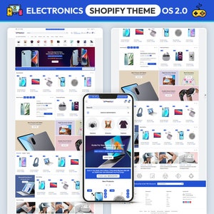 Può includere: Uno screenshot di un negozio online che vende prodotti elettronici. Il sito web presenta uno schema di colori blu e bianco con una varietà di prodotti visualizzati in un formato a griglia. I prodotti includono smartphone, tablet, cuffie e altri prodotti elettronici. Il sito web presenta anche una barra di ricerca, un'icona del carrello e un logo.