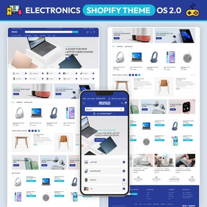 Może przedstawiać: Projekt strony internetowej w kolorze niebieskim i białym dla sklepu elektronicznego z tekstem "MONGO" i "ALL DEPARTMENT" na ekranie. Strona internetowa prezentuje różnorodne produkty, w tym laptopy, słuchawki, zegarki i telewizory. Strona internetowa zawiera również pasek wyszukiwania i ikonę koszyka.