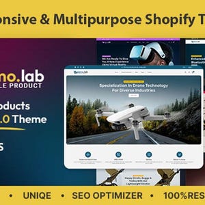 Może przedstawiać: Obraz promocyjny dla motywu Shopify. Tekst brzmi "Responsive & Multipurpose Shopify Theme" i "Single Products Shopify 2.0 Theme". Obraz przedstawia makiety stron internetowych, w tym witrynę technologii dronów i witrynę jazdy na rowerze. Motyw jest reklamowany jako "FASTEST", "UNIQE", "SEO OPTIMIZER" i "100% RESPONSIVE".