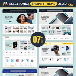 Może przedstawiać: Zrzut ekranu strony internetowej prezentującej różnorodne produkty elektroniczne, w tym słuchawki, laptopy, smartwatche i zestawy do wirtualnej rzeczywistości. Strona internetowa została zaprojektowana w czystym i nowoczesnym stylu, z białym tłem i niebieskimi akcentami. Strona internetowa zawiera również wezwanie do działania, aby dowiedzieć się więcej o produktach.