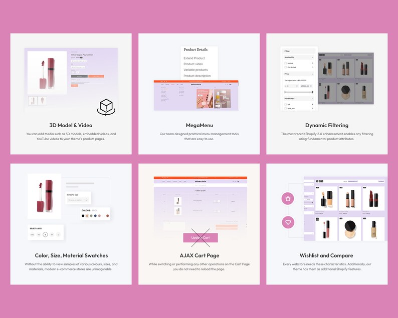 May include: A screenshot of a website showcasing features for an e-commerce store. The features include 3D models and videos, a mega menu, dynamic filtering, color, size, and material swatches, an AJAX cart page, and wishlist and compare options.