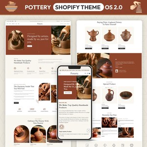 Może przedstawiać: Cyfrowy wyświetlacz układu strony internetowej Pottery Shopify Theme OS 2.0, z telefonem komórkowym wyśrodkowanym nad dwoma widokami przeglądarki na komputerze. Interfejs prezentuje wyroby ceramiczne, zdjęcia rzemieślników oraz tekst, w tym "Potteric" i "Designed by artists."