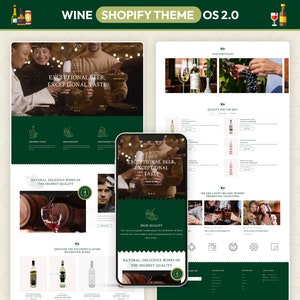 May include: Website mockup for a wine shop with a green and white color scheme. The website features images of wine bottles, grapes, and people enjoying wine. The text on the website includes the words "Exceptional Beer, Exceptional Taste" and "Natural, Delicious Wines of the Highest Quality".