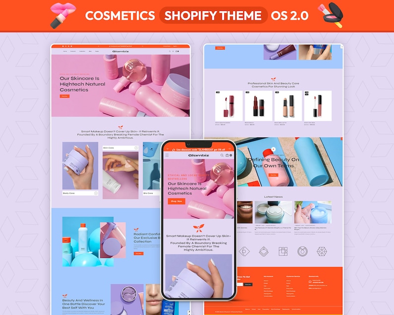 May include: A website homepage for a cosmetics company called Gilrsible. The website features images of various skincare and beauty products, including creams, serums, and lipsticks. The website also includes text that highlights the company's commitment to high-tech natural cosmetics.