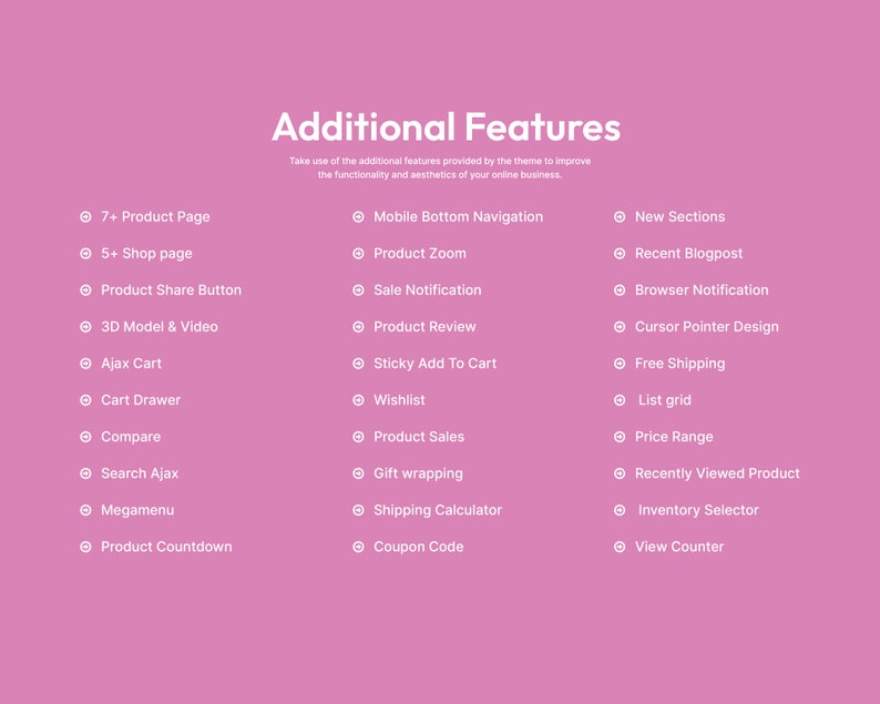 May include: A pink background with a list of additional features for an online store. The features are categorized into three sections: 7+ Product Page, Mobile Bottom Navigation, and New Sections. Each section lists several features, such as Product Share Button, Product Zoom, and Recent Blogpost.