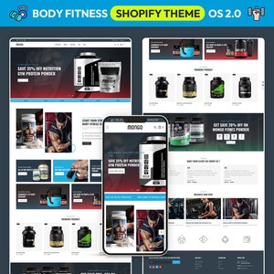 May include: A website screenshot showcasing a Shopify theme designed for a fitness company. The website displays a range of products, including protein powder, and a call to action to save 35% off nutrition gym protein powder. The website also includes a customer testimonial.