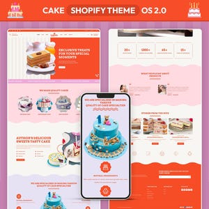 May include: A website design for a cake shop, featuring a desktop and mobile view. The design uses a color scheme of orange, pink, and white. The mobile view showcases a blue cake with a teddy bear on top. Text includes "Cake Shopify Theme OS 2.0".