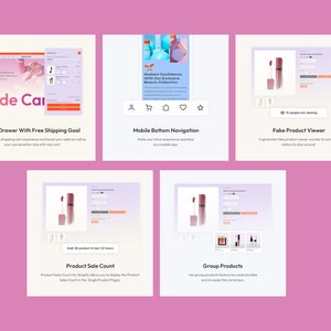 May include: A screenshot of a website showing different features of an e-commerce platform. The features include a cart drawer with free shipping goal, mobile bottom navigation, fake product viewer, product sale count, and group products.