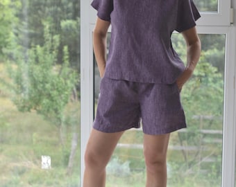 LINEN TOP&SHORTS , shorts linen, shorts xxxl, linen clothing , plus size clothing , plus size linen, linen top , stonewashed , gift for her
