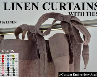 LINEN CURTAINS panel with TIES, organic curtains, cutrains linen, 100% Linen Curtain. Stonewashed Linen Window Panel