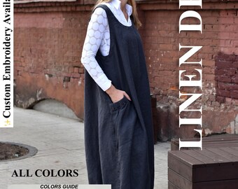 LINEN DRESS, cocktail dress, green dress, black dress, linen dress, wide dress, oversize dress, loose, winter linen dress