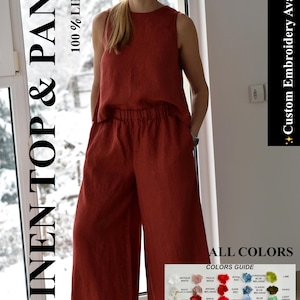 May include: A woman wearing a red linen top and wide-leg pants. The outfit is made of 100% linen. A color chart shows a variety of linen colors available. The text "ALL COLORS" and "COLORS GUIDE" is visible. The text "Custom Embroidery Available" is also visible.