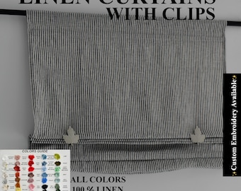 Custom-sized linen blind with clips, perfect for a French country living room, farmhouse decor, or a cozy country kitchen. Linen curtains