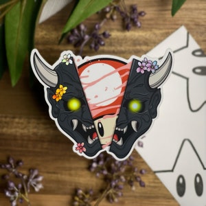 Holographic Super Mario Japanese black hannya mask sticker, glossy vinyl Hannya Mario mushroom, waterproof and weatherproof