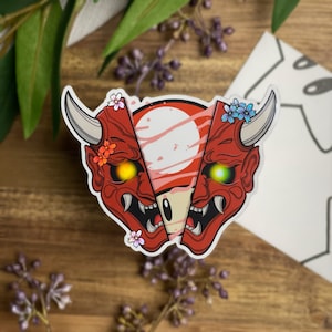 Holographic Super Mario Japanese Red Hannya Mask sticker, glossy vinyl Mario mushroom sticker, Hannya sticker
