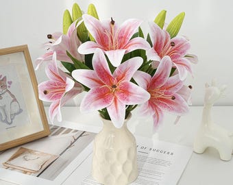 Konstgjorda liljestjälkar med äkta touch, konstgjord liljebukett för bröllopsdekor, naturtrogna vita och rosa liljor för hemvas, bordsdekoration, 15"